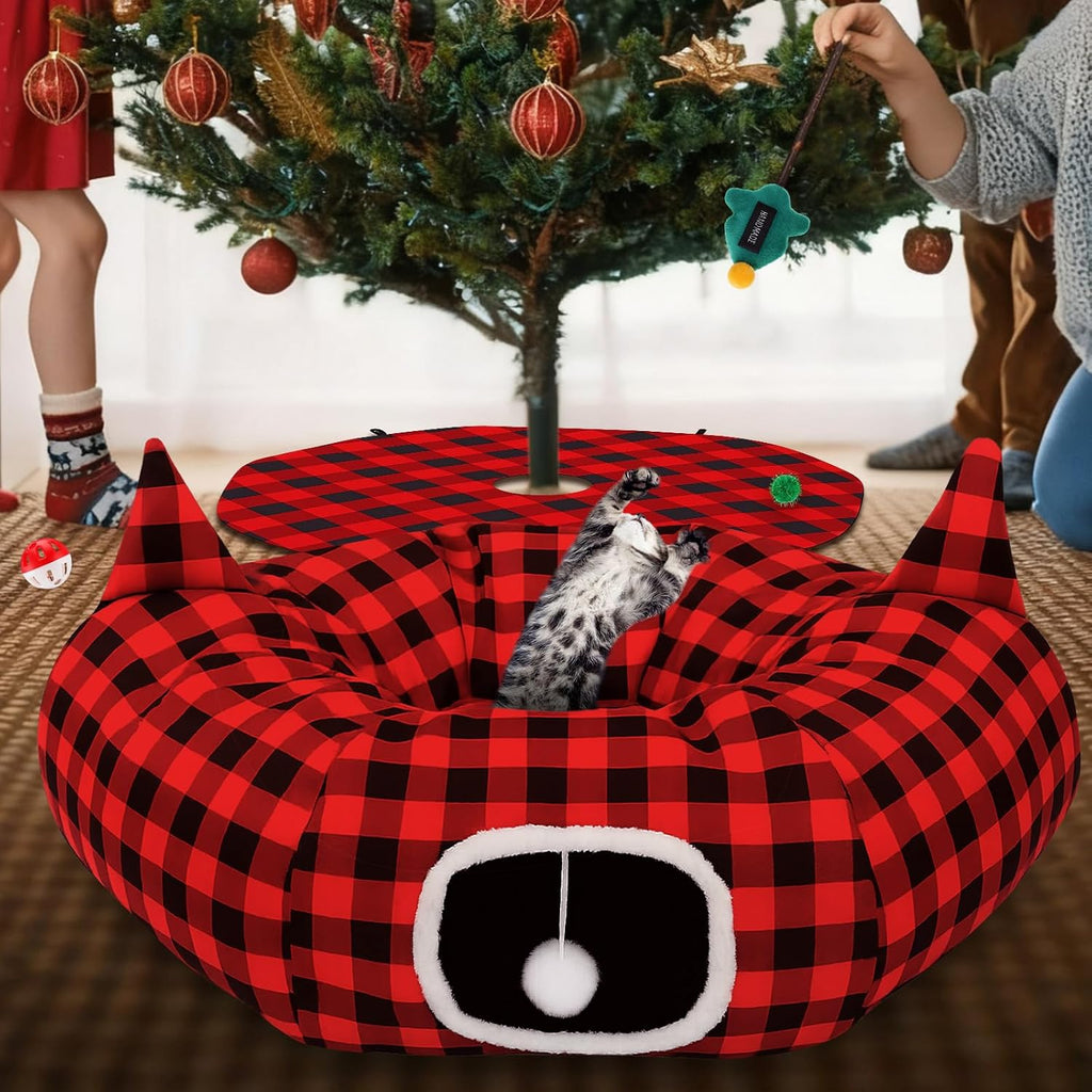 Sosation 9 Pcs Christmas Cat Tunnel Tree Skirt with 7 Pcs Toys 2.9ft x 2.9ft x 10.6inch Buffalo Plaid Tunnel Bed with Ball and Cat Cave for Felines and Small Animals Indoor Outdoor Decorations