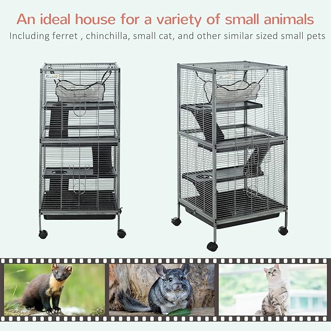 PawHut Metal Small Animal Cage, 4-Tiers Rolling Big Ferret Cage - Image 3