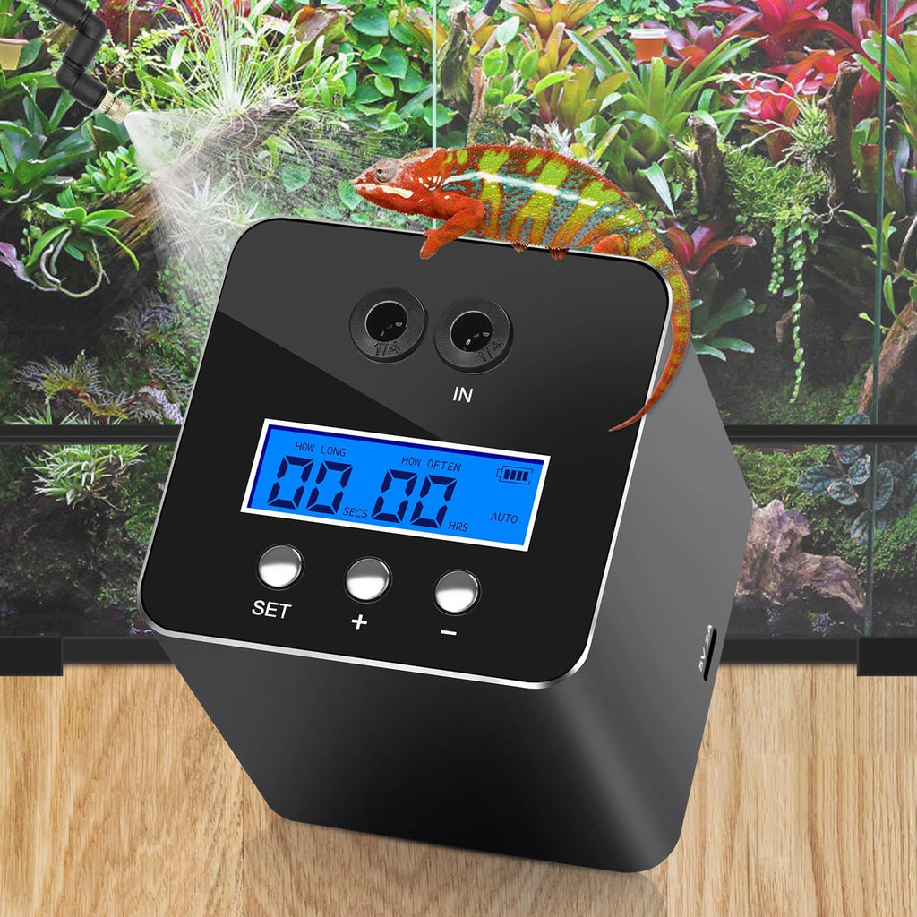 reptile humidifier, LCD with timing function, time length and interval can be set, reptile mister system with 2 spray nozzles, misting system for reptiles of amphibians, tanks, Paludarium
