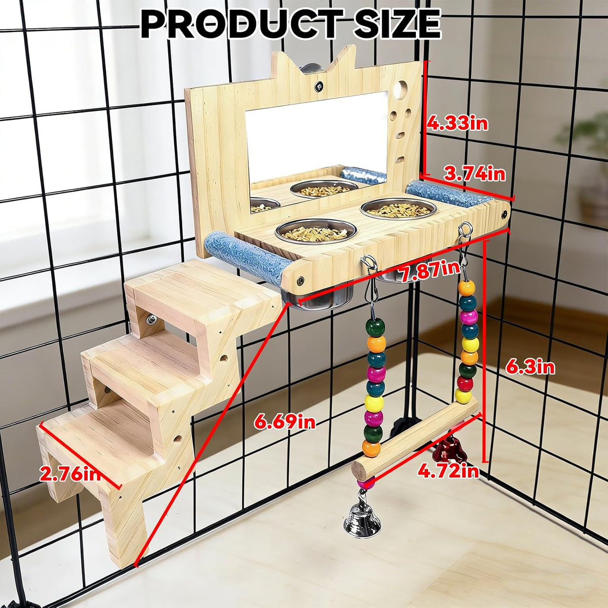 Bird Perch Platform Swing with Mirror Ladder Bowl,Parrot Play Gym Cage Toys