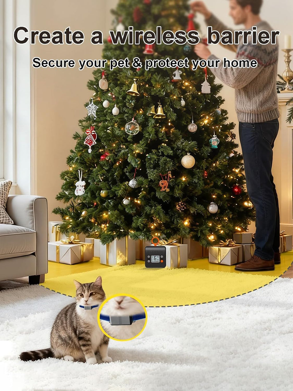Wireless Cat Barrier with 2 Transmitters - Rechargeable Indoor Barrier with 6 Adjustable Range Radius up to 7 ft, 6 Adjustable Safe Static Intensity, Fence System for Cats Small Dogs with Hook
