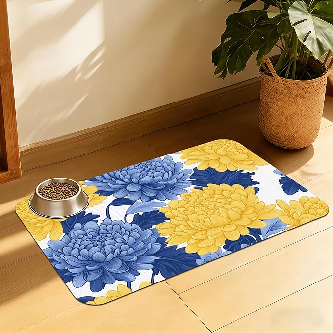 Blue Yellow Flowers Pet Feeding Mat, Quick Dry Absorbent Water Bowl Mat by QSOQSO