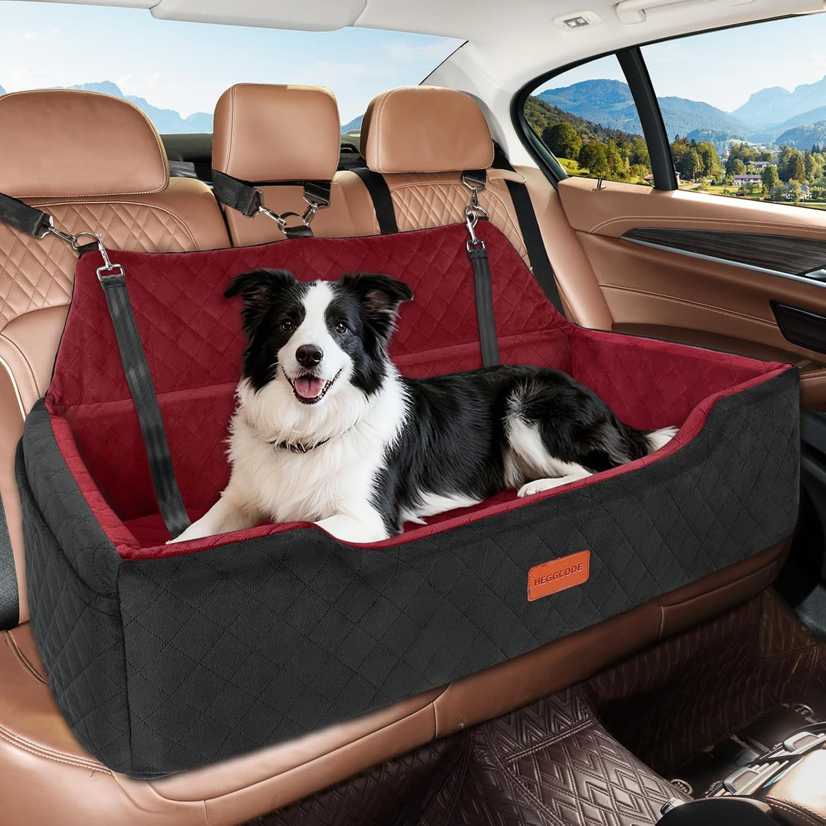 HEGGCOOE Large Dog Car Seat Under 100 lbs, Washable Dog Car Bed for 2 Medium Dogs, Detachable Pet Booster Seat with Storage Pocket and Seat Belt for Back Seat Dog Travel Bed