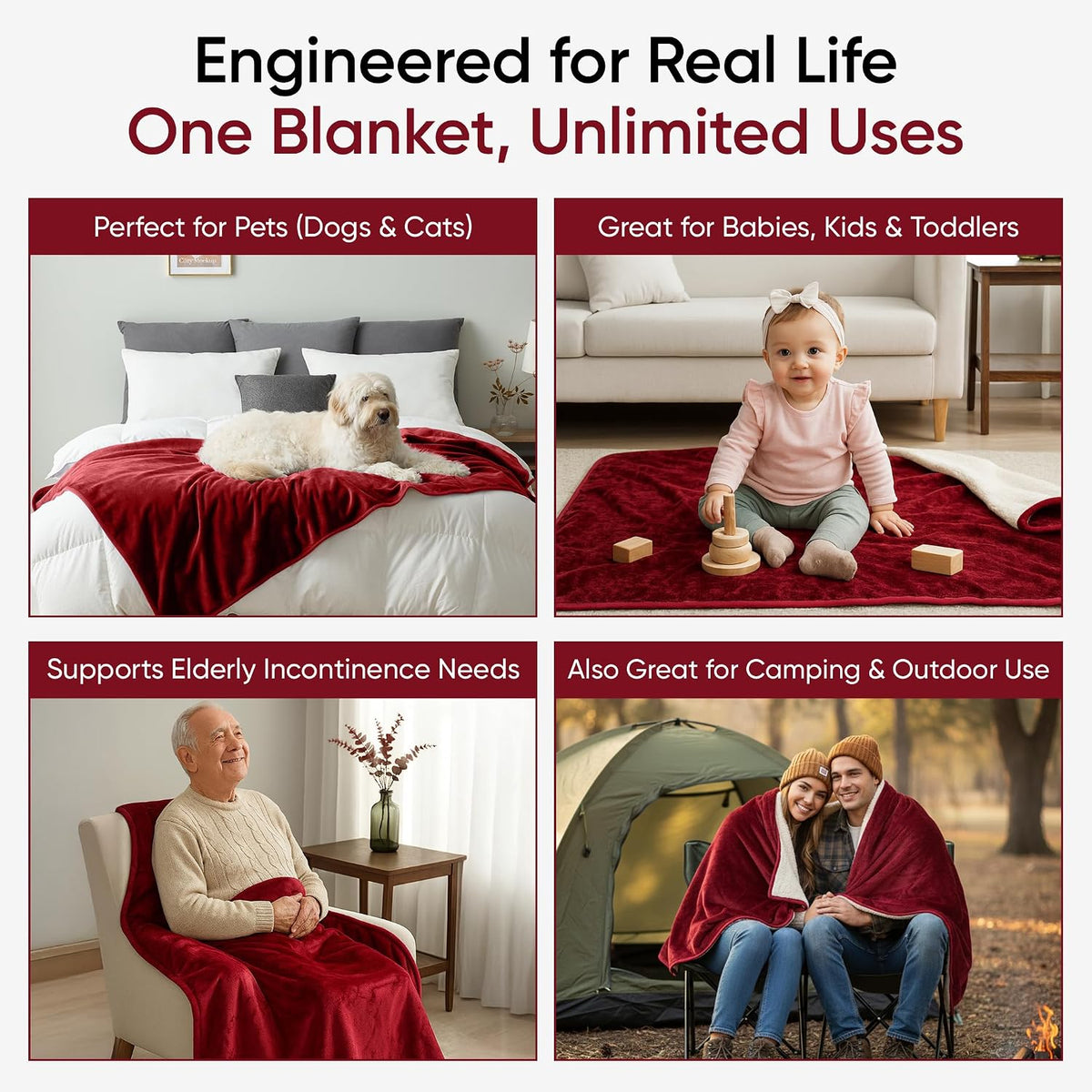 Waterproof Blanket for Bed, Couch & Sofa, Reversible Sherpa & Flannel Throw Blanket, Leakproof Soft Washable Furniture Protector for Pets & Home (Red, 40"x60")