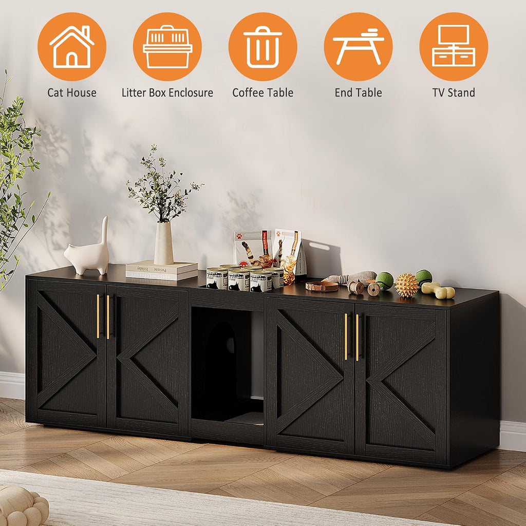 Modern Double Room Cat Litter Box Enclosure for Two Cats – Large Wooden Hidden Cat Washroom Cabinet with Storage Shelf & Soft Cushion – Multi-Functional End Table or TV Stand – Black