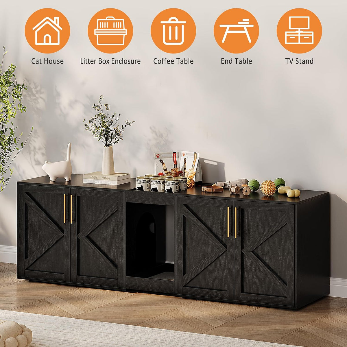 Modern Double Room Cat Litter Box Enclosure for Two Cats – Large Wooden Hidden Cat Washroom Cabinet with Storage Shelf & Soft Cushion – Multi-Functional End Table or TV Stand – Black