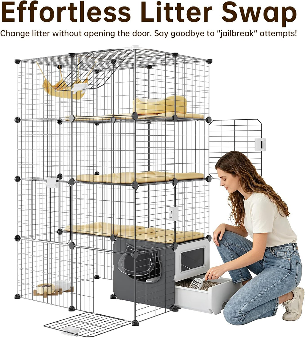 Oneluck Cat Cage with Litter Box, 4-Tier DIY Enclosures Detachable Metal Wire Kennel Catio Indoor Crate Large Exercise Place Ideal for 1-2 Cats