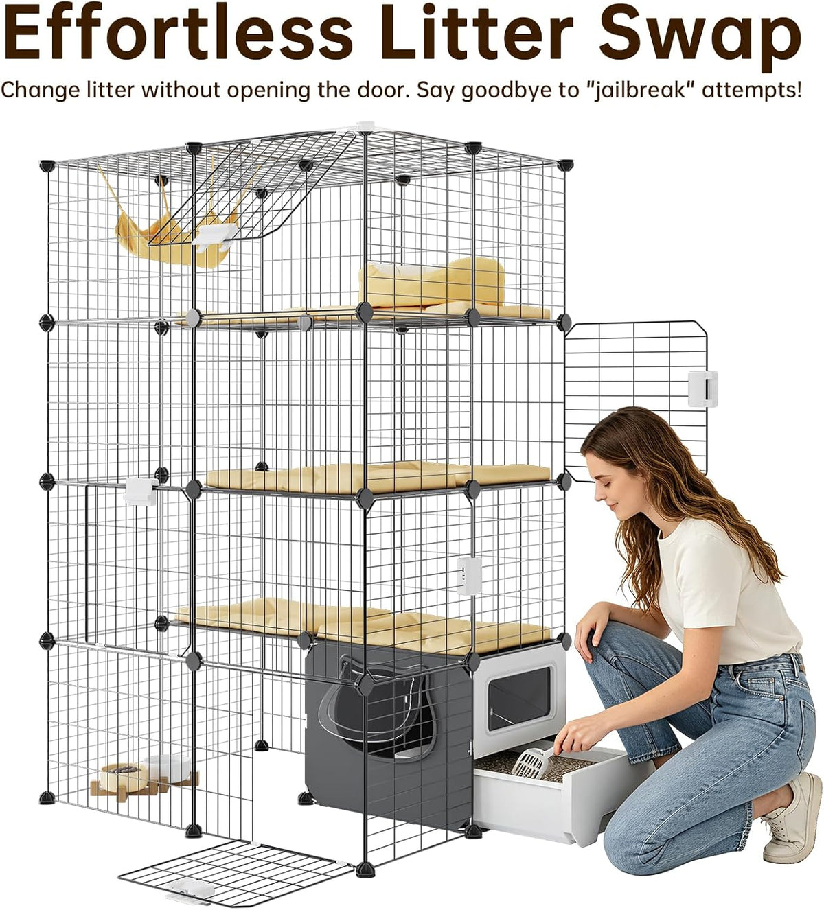 Oneluck Cat Cage with Litter Box, 4-Tier DIY Enclosures Detachable Metal Wire Kennel Catio Indoor Crate Large Exercise Place Ideal for 1-2 Cats