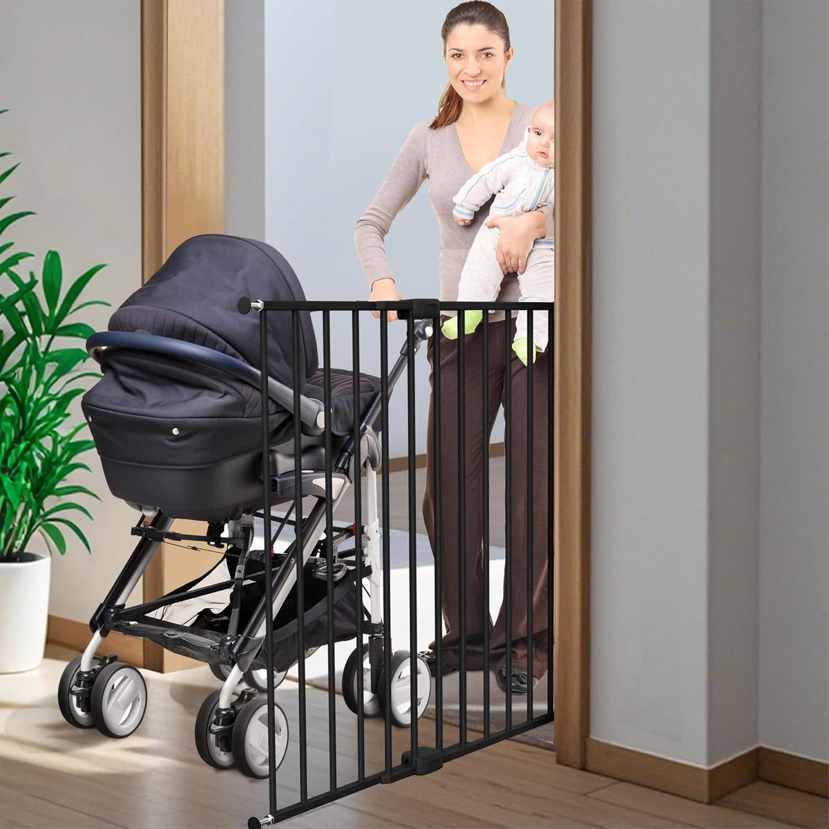 Adjustable Baby Safety Swing Gate, Hardware-Mounted Metal Gate for Stairs and Doorways, Secure Latch for Kids and Pets (Black, 24"-40.5" W x 28.75" H)
