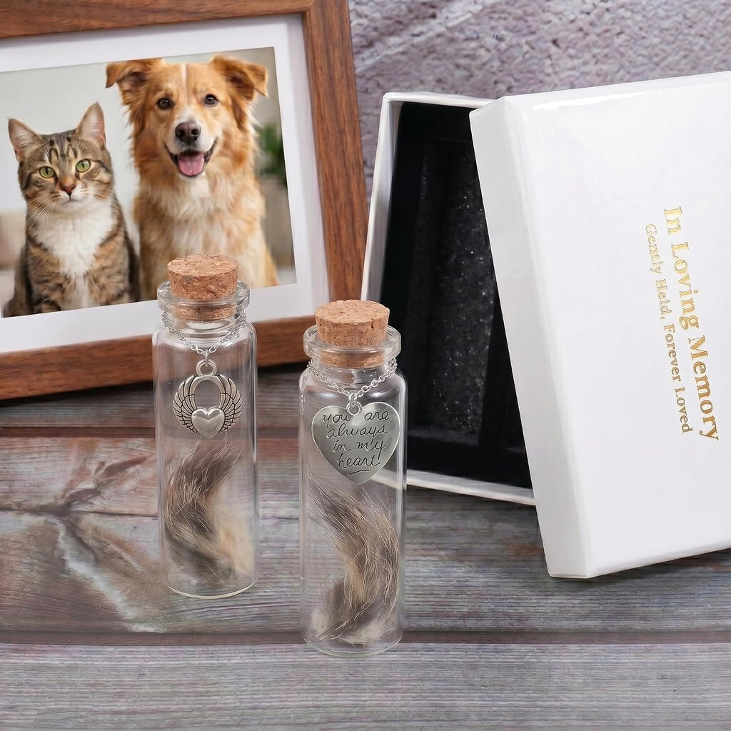 2 Pack Glass Pet Memorial Keepsake Bottle with Heart Charms, Sympathy Gift for Dog Cat Loss