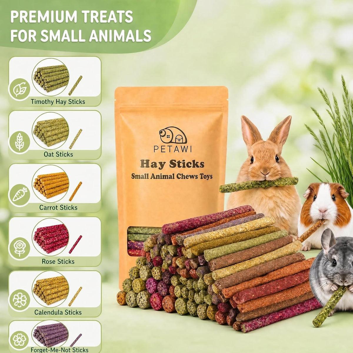 90Pcs Rabbit Chew Sticks, Bunny Guinea Pig Chews Toys for Boredom Relief | Chinchilla Natural Timothy Hay Sticks for Teeth Mixing Flowers Rabbits Bunny Hamster Guiena Pig Chinchilla Treats