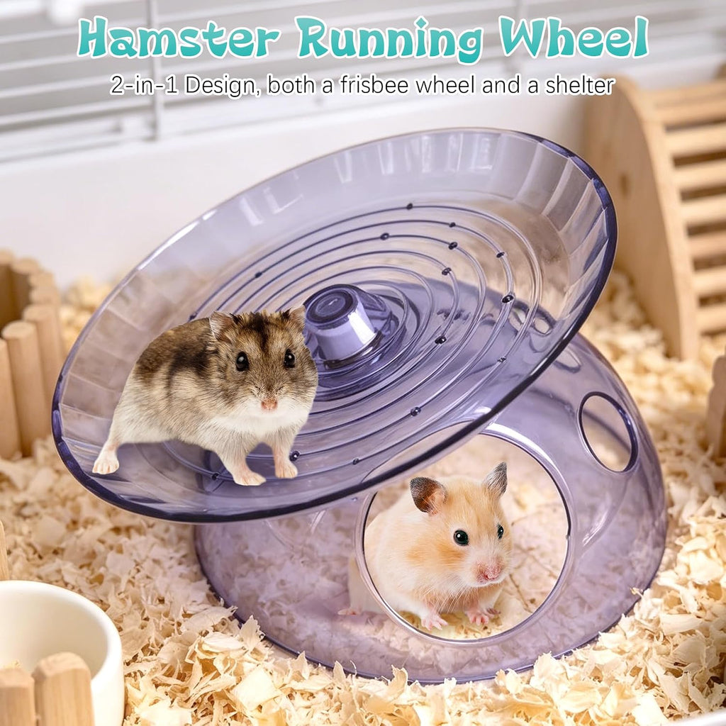 Hamiledyi Hamster Flying Saucer with Hideout House Plastic Hamster Wheel Small Animal Silent Running Wheel Gerbil Exercise Wheel Toy for Mice, Hamster and Other Small Pets (7In, Blue)