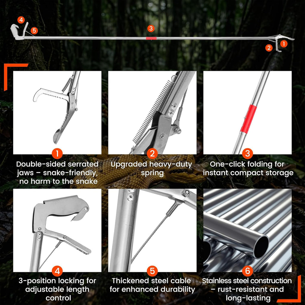 78 Inch Snake Grabber Heavy Duty, Folding Snake Grabber Tool, Snake Tong Grabber is Made of Stainless Steel, Which is Resistant to Corrosion and Rust