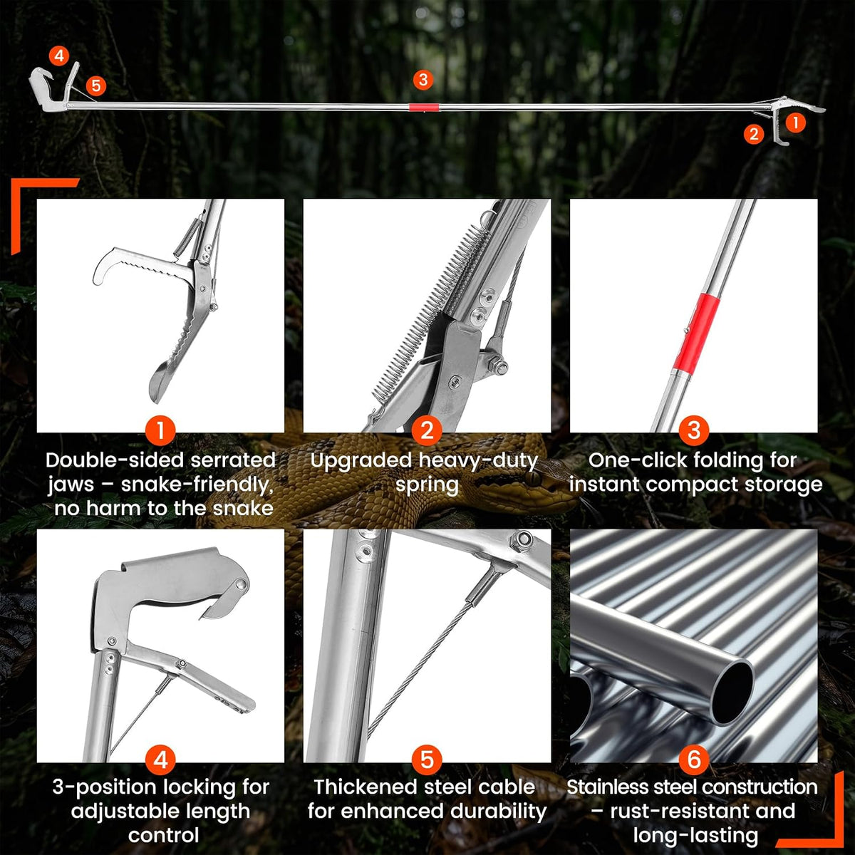 78 Inch Snake Grabber Heavy Duty, Folding Snake Grabber Tool, Snake Tong Grabber is Made of Stainless Steel, Which is Resistant to Corrosion and Rust