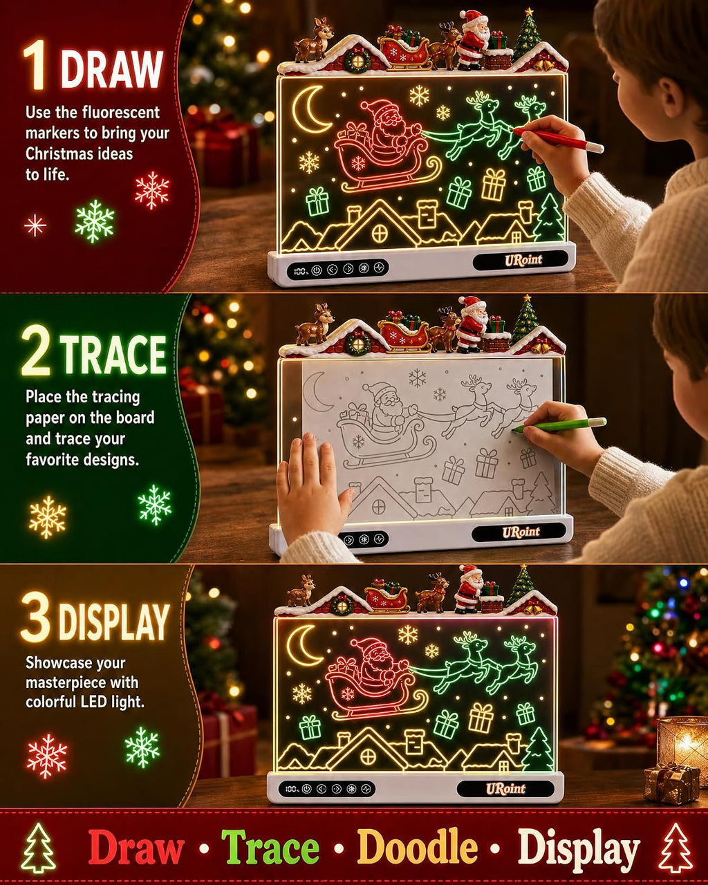 LED Drawing Board for Kids Rechargeable TypeC with Santa & Reindeer