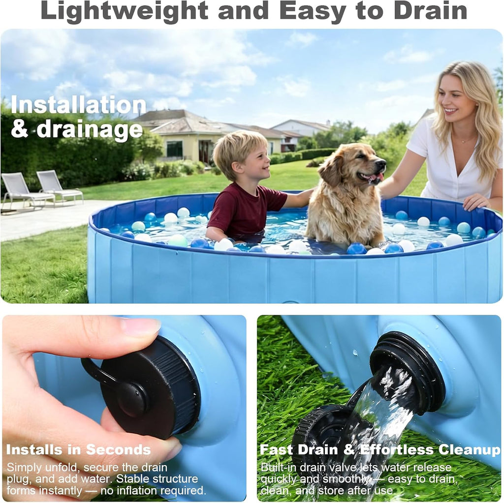 Eooqi Foldable Dog Pool for Large Dogs & Kids, 71" Hard-Side Collapsible Kiddie Pool, Heavy Duty Leakproof PVC Pet Swimming Pool with Non-Slip Bottom & Drain, Indoor Outdoor Use, Blue