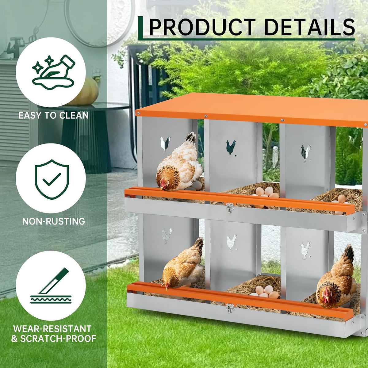 Chicken Nesting Boxes, Two-Tier Metal Chicken Egg Laying Box with 6 Compartments Large Vented Holes Chicken Coop for Egg Collection