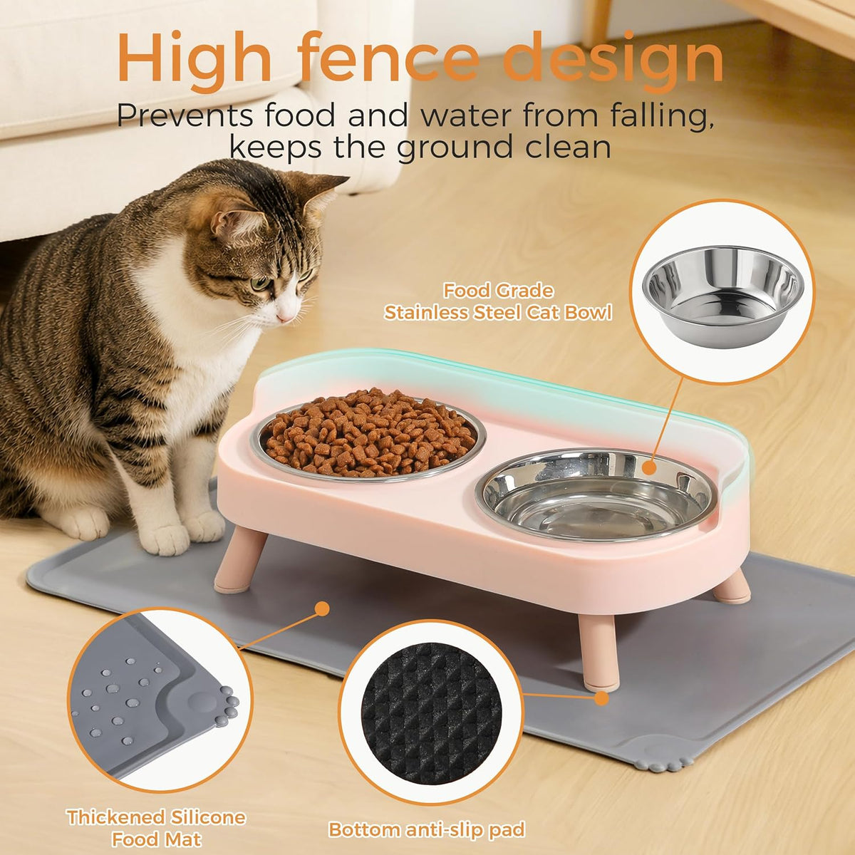 LoeJan Elevated Cat Bowls Set - Raised Cat Food and Water Bowl Set with Non Slip Stand - Pet Feeding Station with 2 Stainless Steel Bowls with Splash Proof Guard