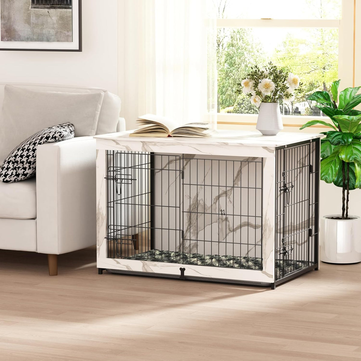 Megidok Wooden Dog Crate Furniture with Cushion,Large Dog Crate End Table with Tray, Double Doors Kennels Indoor (37" L*25" W*26" H, Marble White)