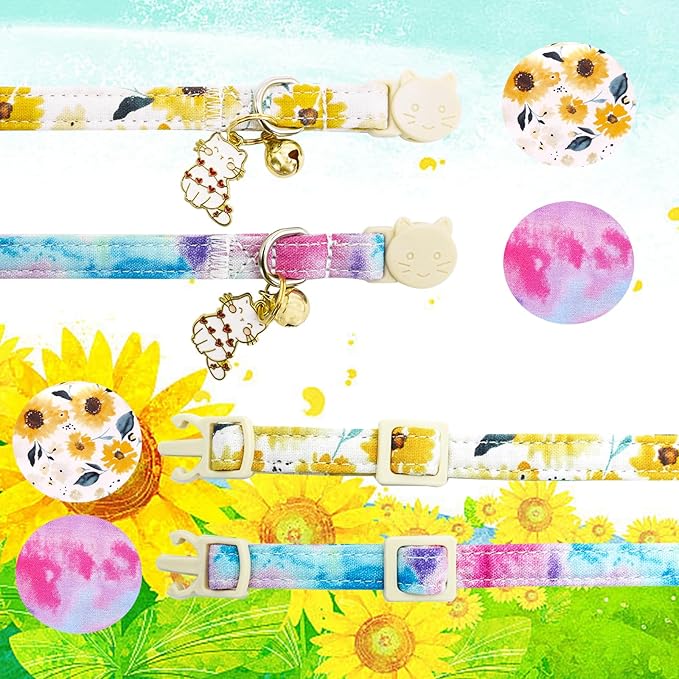 Elegant little tail 2 Pack Cat Collar- Sunflower Print Cotton Breakaway Cat - Image 3