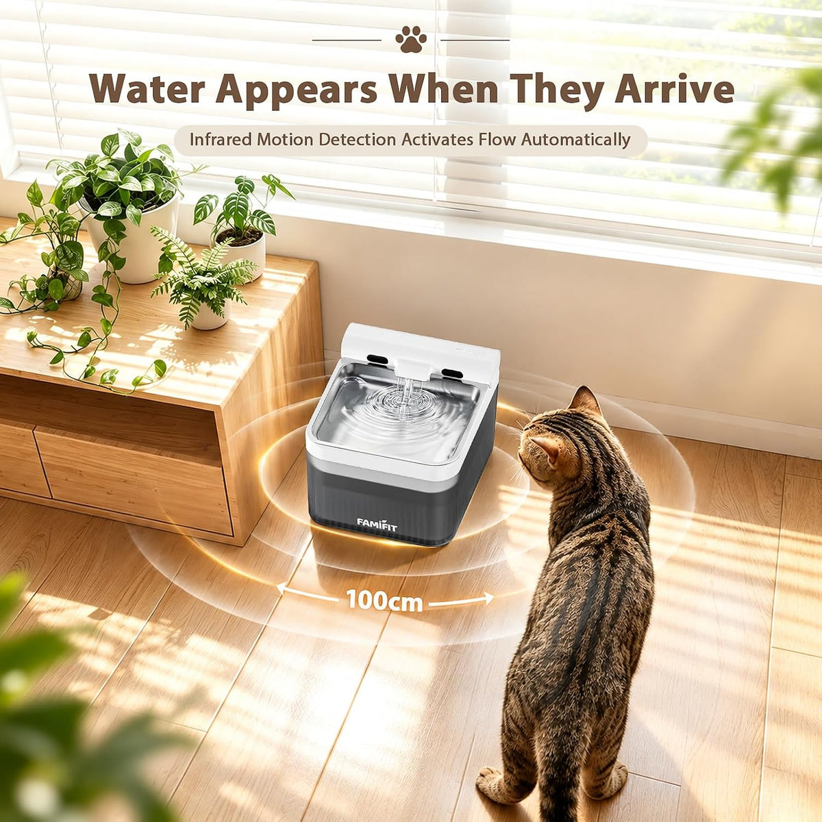4L Automatic Cat Water Fountain, Wireless Pump Stainless Steel Bowl