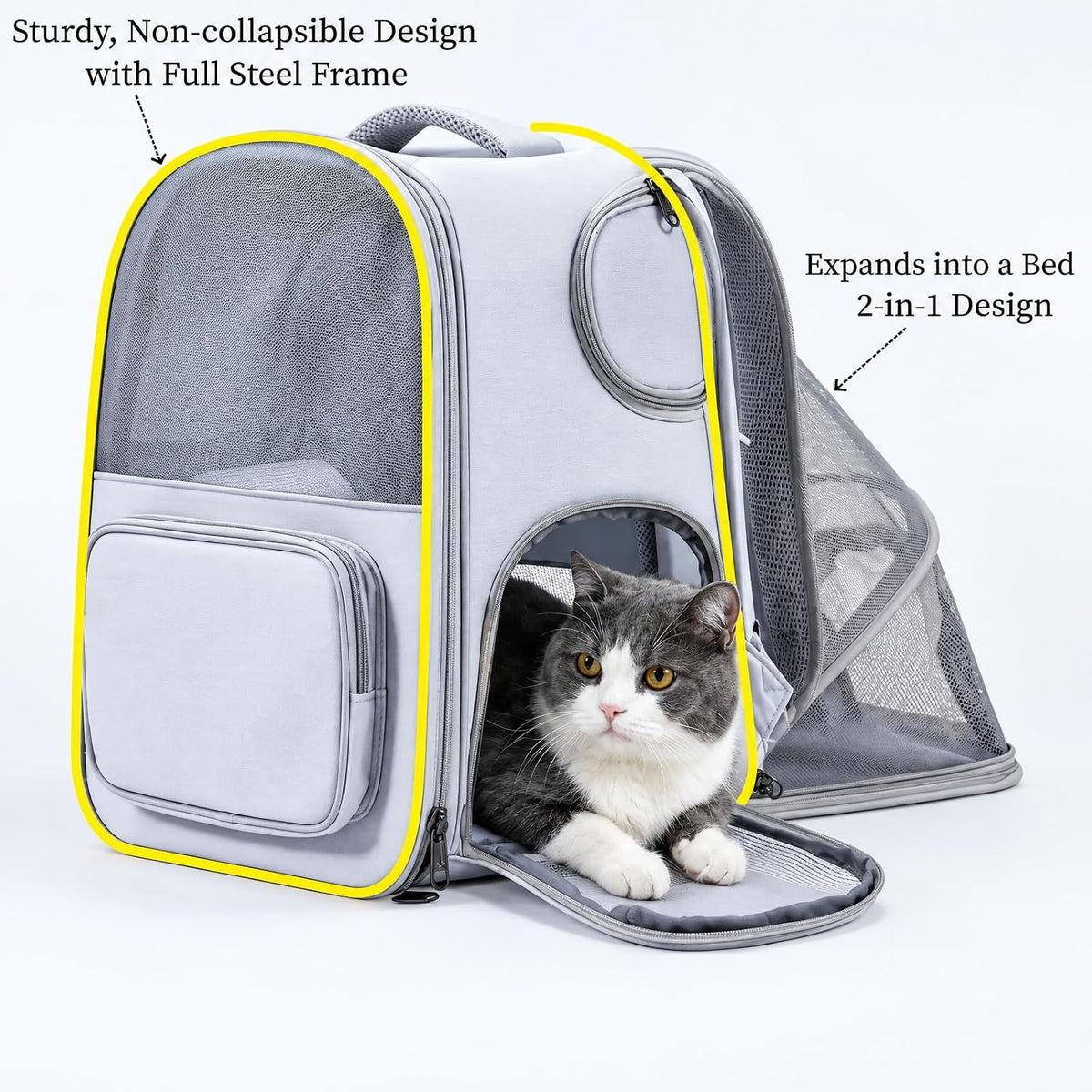 Expandable Cat Backpack Carrier with Interactive Side Petting Openings