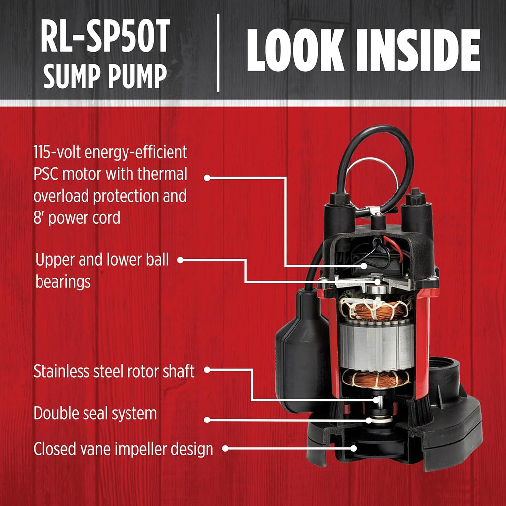 Red Lion RL-SP50T, 115V, 1/2 HP, 3600 GPH Automatic Sump Pump, 8' Cord