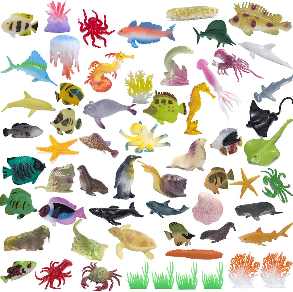 Ocean Sea Animals Figures, 60 Pack Mini Plastic Deep Underwater Life Creatures Set, STEM Educational Shower Bath Toys Gift for Baby Toddler Cupcake Toppers Party Supplies with Turtle Octopus Shark