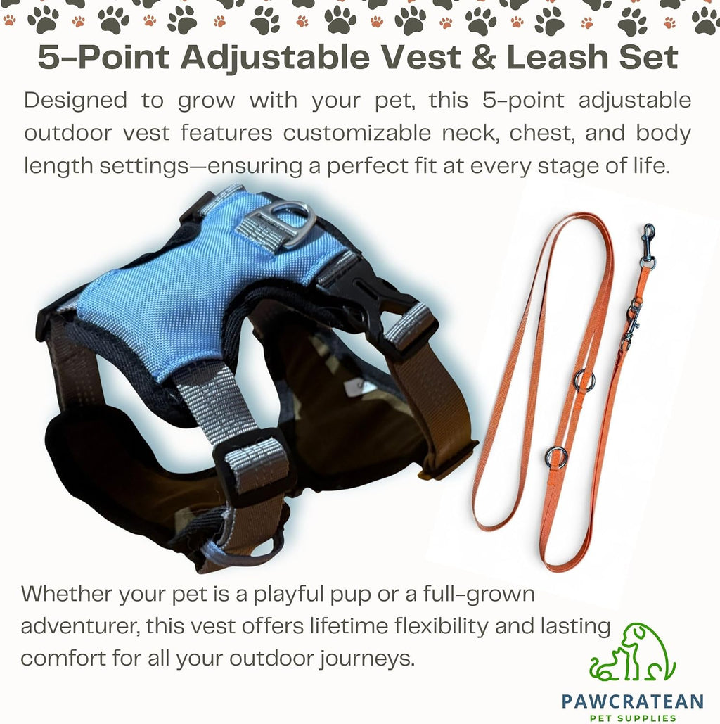 Cat 5-Point Adjustable Harness and Leash Set, Sky Blue Polyester, 5-Point Adjustable Vest with Reflective Lines Prefect for Outdoor Soft Comfortable (Medium)