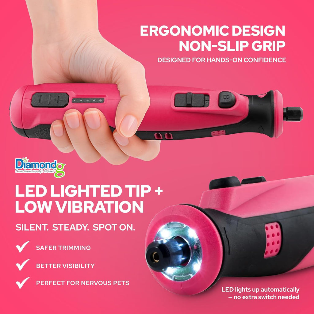 Diamondg Cordless Dog Nail Grinder - Quiet Sound with LED Light, Pink