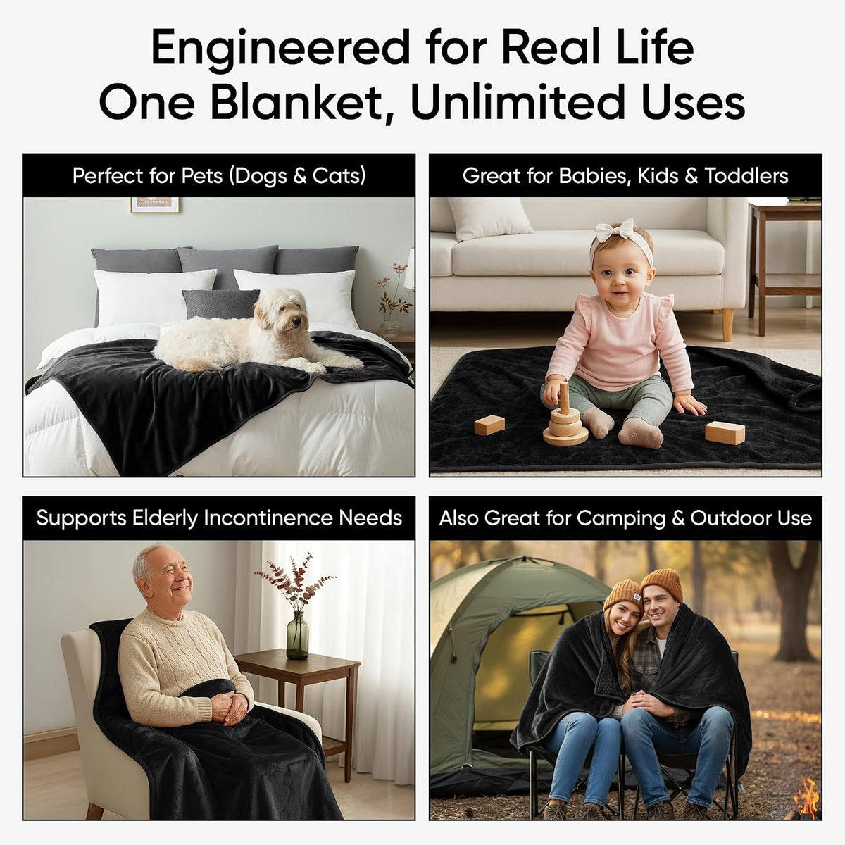 Waterproof Blanket for Bed, Couch & Sofa, Reversible Sherpa & Flannel Throw Blanket, Leakproof Soft Washable Furniture Protector for Pets & Home (Black, 40"x60")