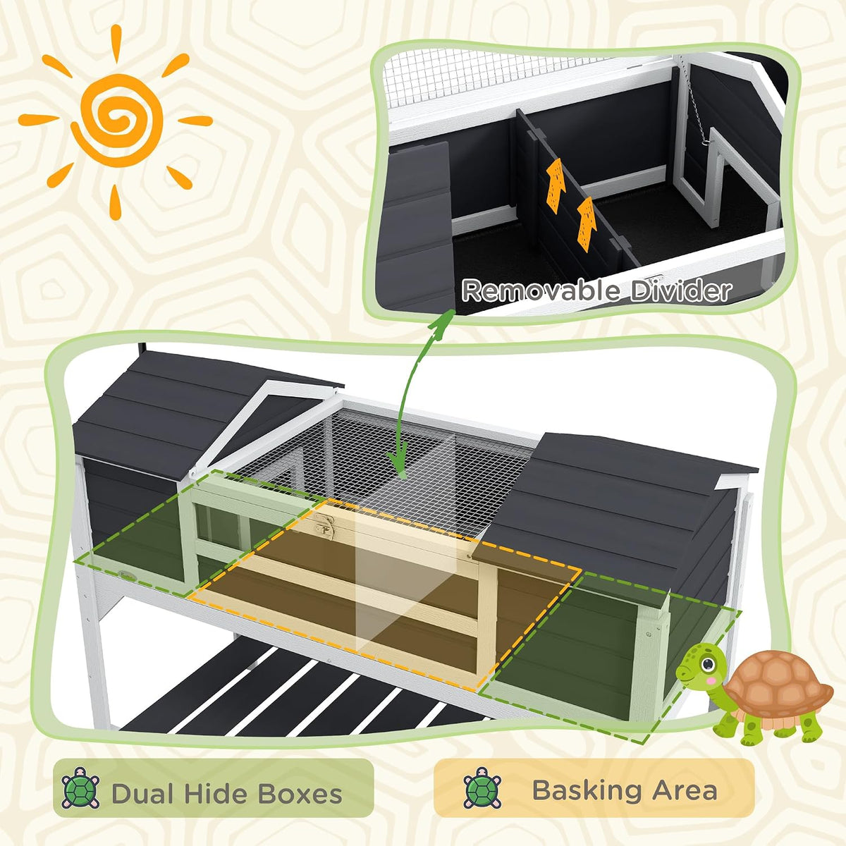 PawHut Tortoise Habitat with Adjustable Lamp Holder, Wooden Tortoise Enclosure with Storage Shelf, Dual Main Houses, Attached Tray, Openable Lid, Gray