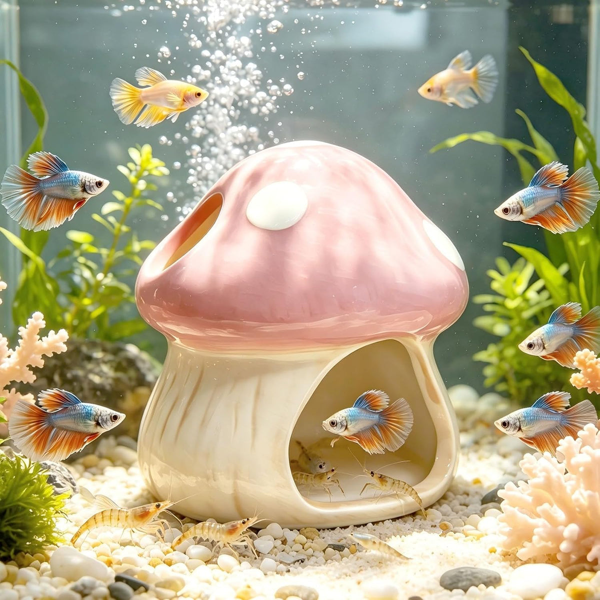 Ceramic Aquarium Mushroom House, Betta Fish Hideout Shrimp Cave, Pink