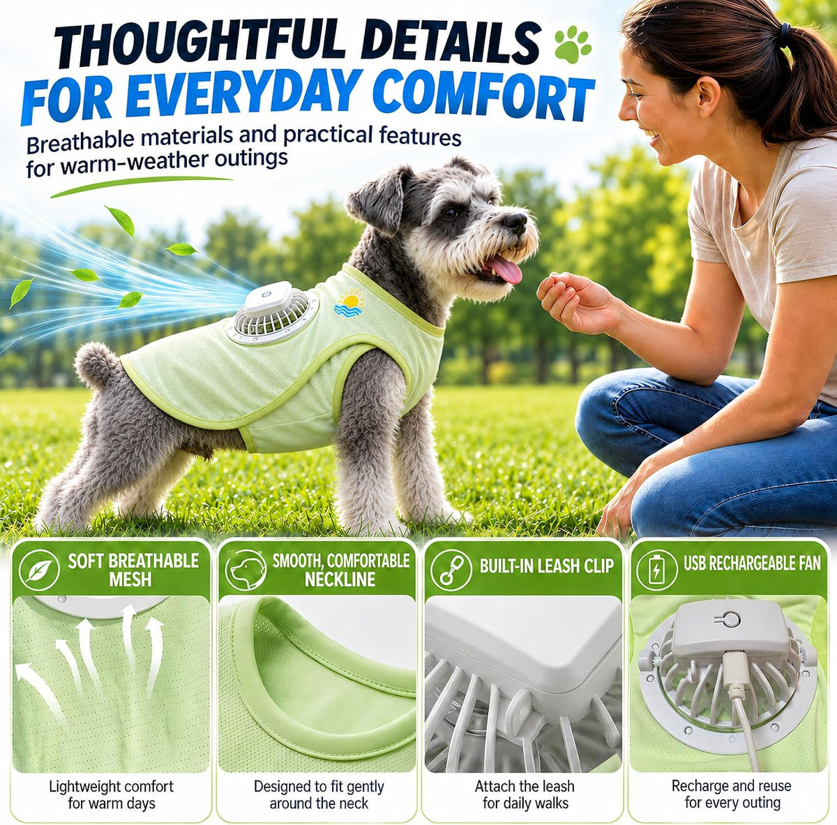 Dog Cooling Vest with Fan, Summer Dog Clothes for Small Medium Dogs, Breathable Mesh Dog Shirt with Detachable 3-Speed Fan, Lightweight Pet Clothes for Hot Weather Walking (Green, Large)