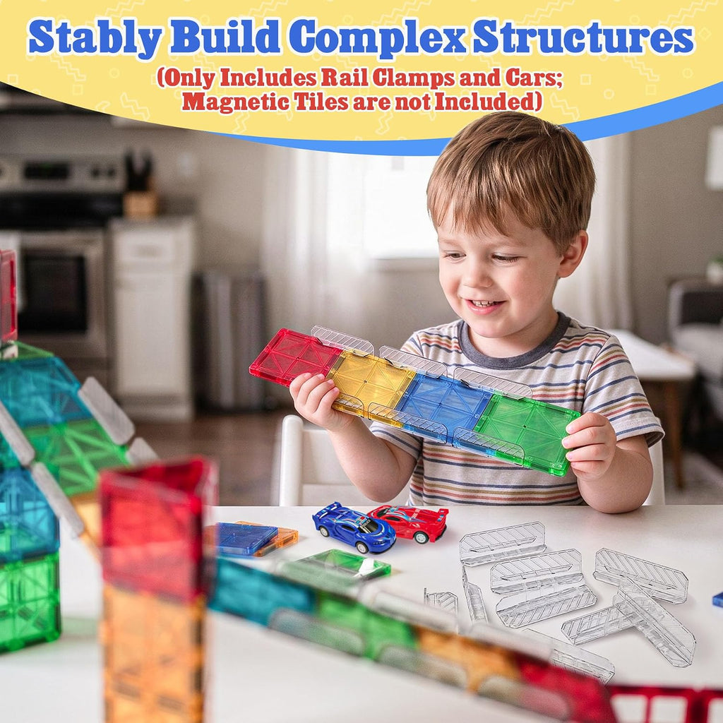 Magnetic Tiles Rail Pack 38-Pieces Magnetic Rail Clamps with Pullback Cars
