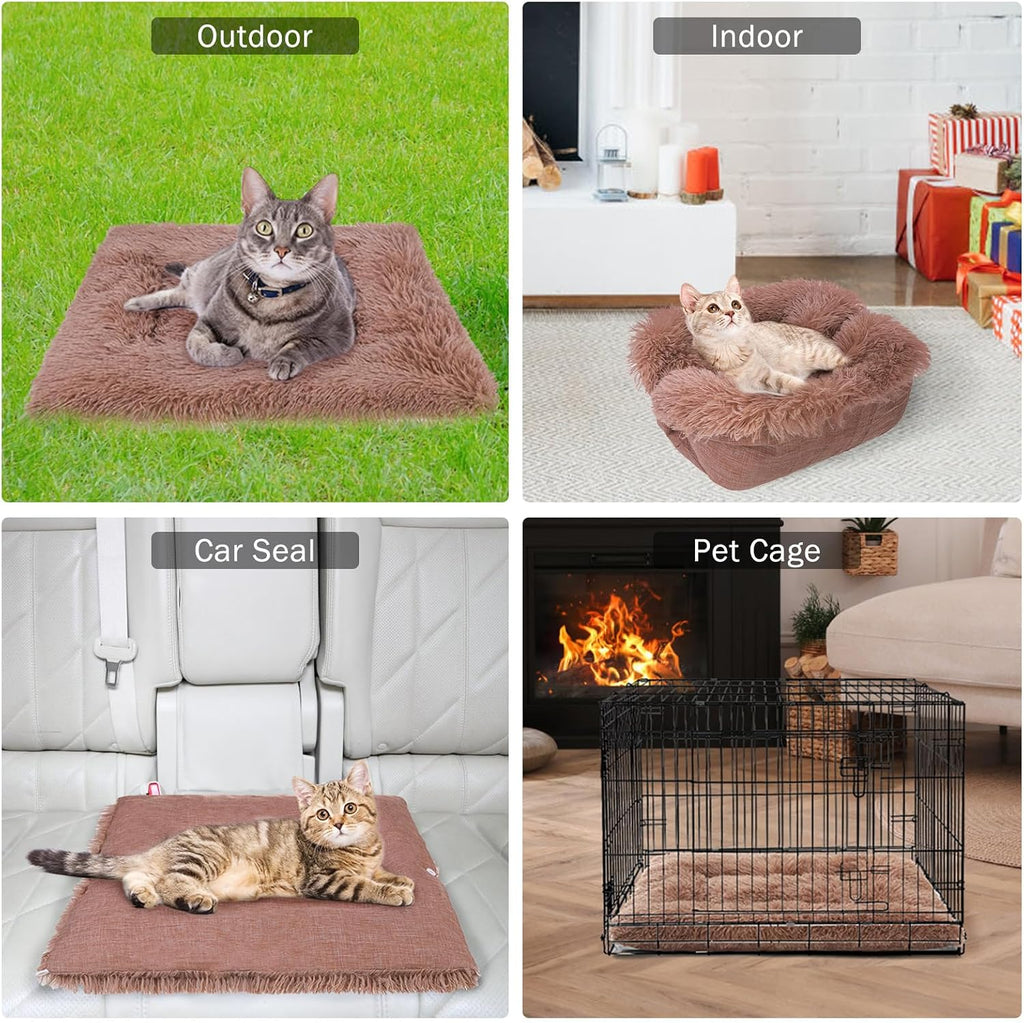 SCENEREAL Self Warming Cat Bed, Heated Cat Bed Mat for Cats Small Dogs, 2 in 1 Soft Plush, Washable Pet Pad for Indoor Outdoor Kitten Puppy, Brown 24" x 20"