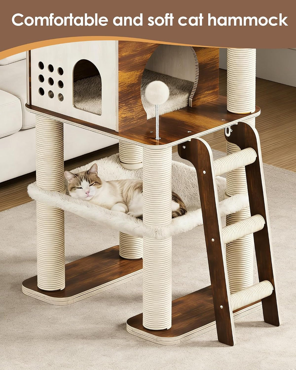 Modern Cat Tower, 60.3 Inches Multi-Level Cat Tree with Dark Wood-Look Panels, Sisal Scratching Posts, Hammock & Plush Perch, Safe for Kittens to Adult Cats