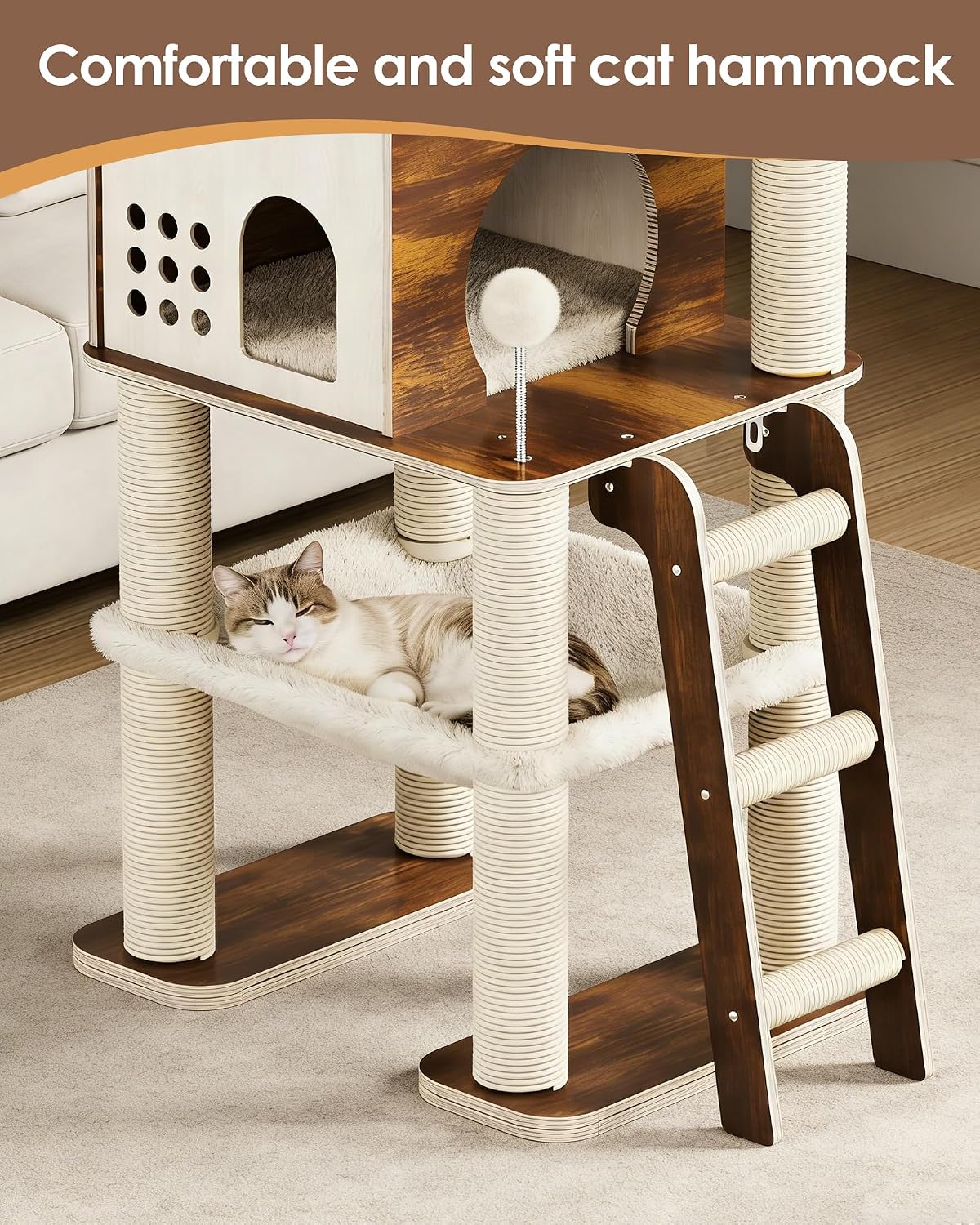 Modern Cat Tower, 60.3 Inches Multi-Level Cat Tree with Dark Wood-Look Panels, Sisal Scratching Posts, Hammock & Plush Perch, Safe for Kittens to Adult Cats
