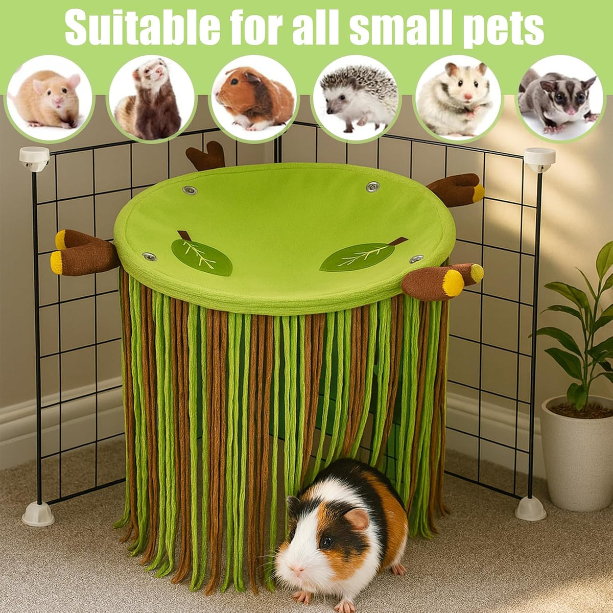 Guinea Pig Hideout Forest Fleece Corner Hideaway for Cage Accessories, Soft Fleece Tassel Hammock Tent for Small Animals, Bunny, Ferret, Chinchilla, Rat, Hedgehog, Dwarf Rabbit,Triangle