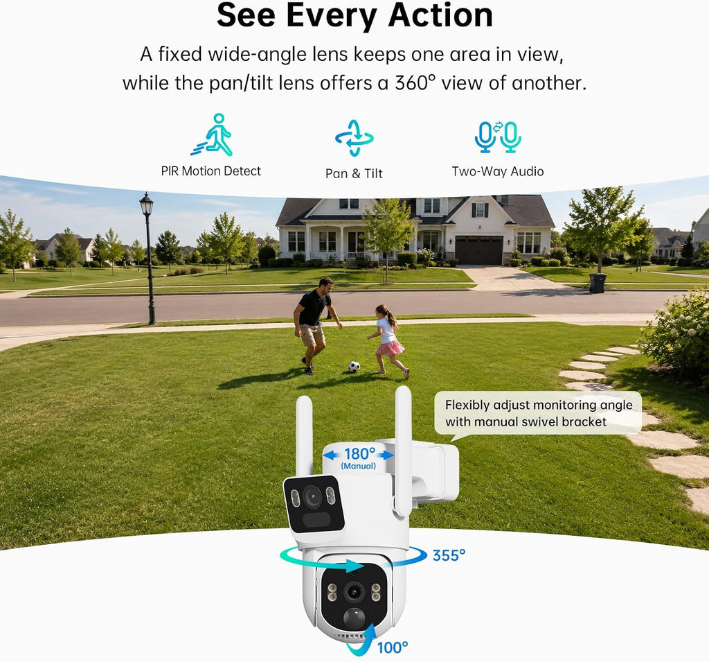 ELYSOO Dual Lens 4G LTE Cellular Security Camera, 2K HD Video, No WiFi Needed, 360° View Camera with Night Vision, Easy to Install, PIR Alarm, Built-in SIM Card(Supports Verizon/AT&T/T-Mobile) - White