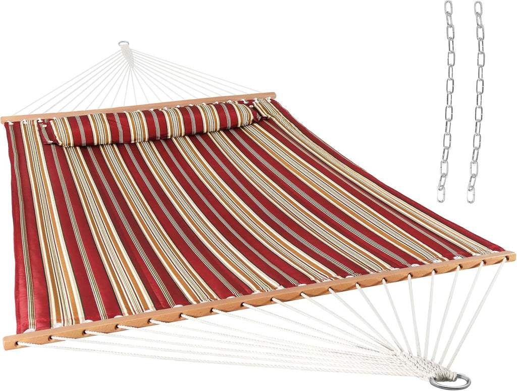 Sunnydaze Quilted Double Hammock for Outside with Pillow, Awning Stripe