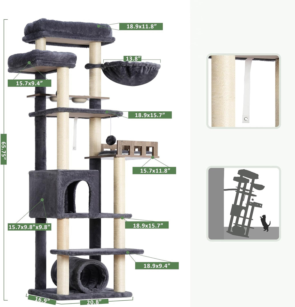Gitelsnour Cat Tree Tower with Tunnel & Food Station, Wooden Perch GCT021G