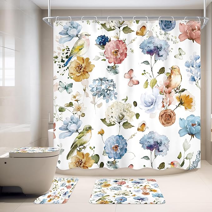 4 PCS Blue Floral Birds Bathroom Set - Image 3