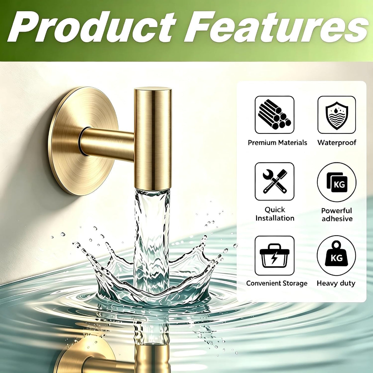 Gold Stainless Steel Wall Hooks, Heavy Duty Self-Adhesive Hooks for Coats, Towels, Robes, Hats, Aprons – No Drill Bathroom, Kitchen, Hotel (4 Pack)