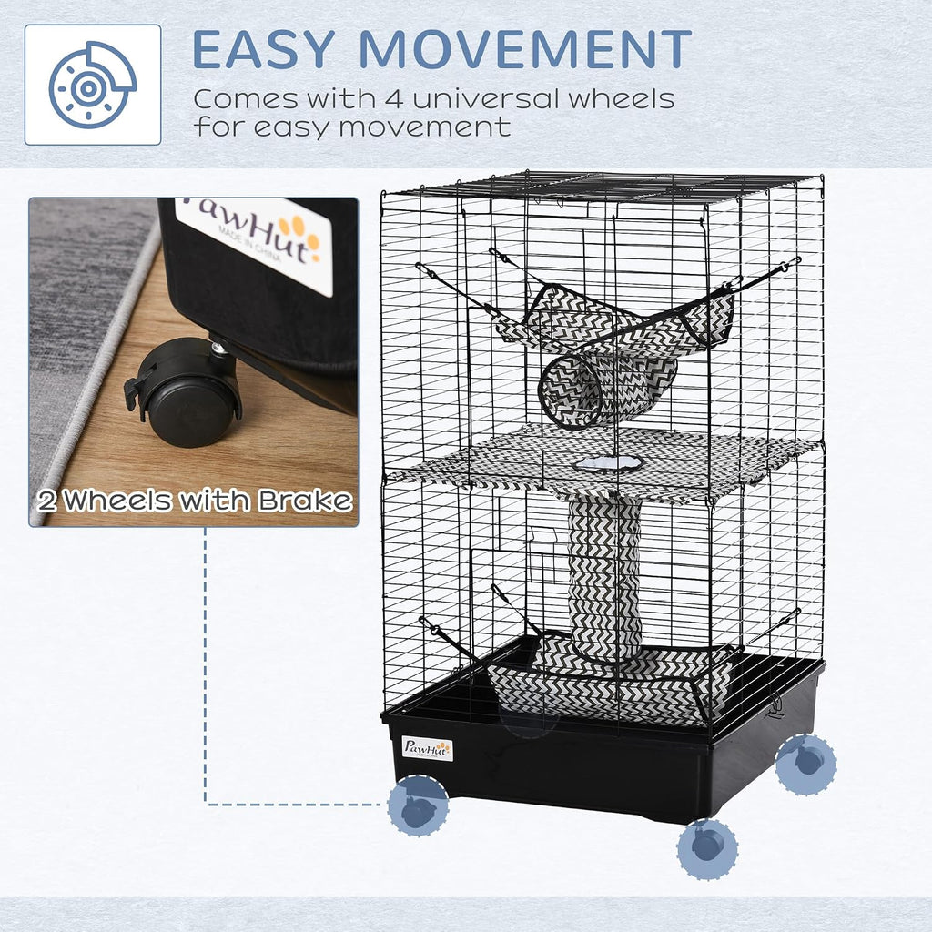 PawHut 42" Ferret Cage, Small Animal Habitat Metal Pet Cage with Wheels Brakes, Hammocks, Hanging Tunnels, and 3 Doors, Black