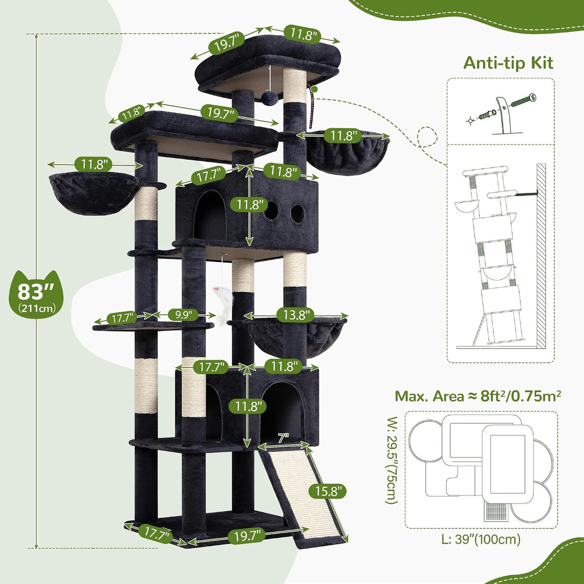 Globlazer 83in Extra Large Maine Coon Cat Tree, F83J, Dark Grey