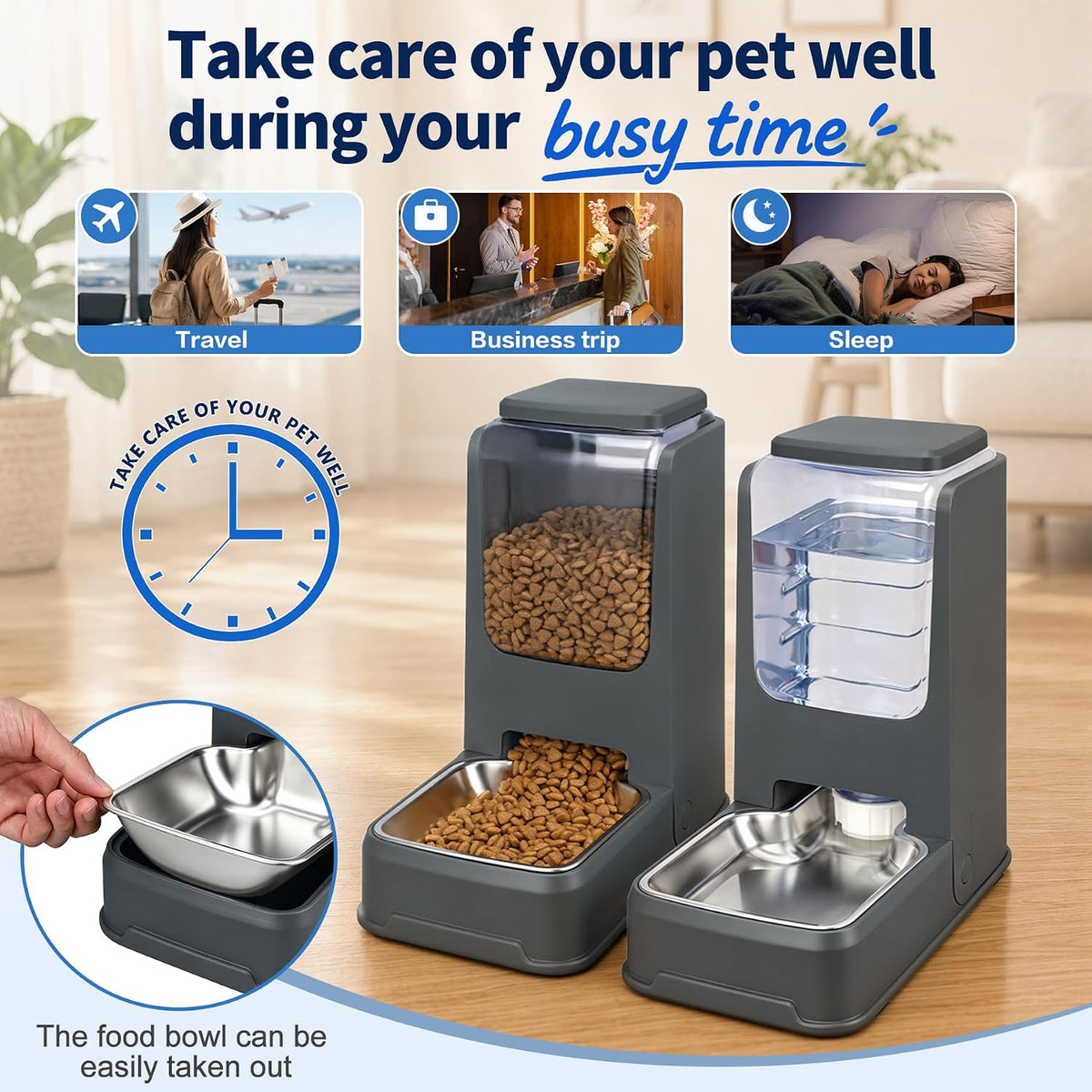 Automatic Cat Feeder and Water Dispenser Set with Dog Stainless Steel Feed Bowl Pet Gravity Self Feeding and Waterer Large Capacity for Small Medium Large Dogs Puppy Kitten 2 Pack Grey