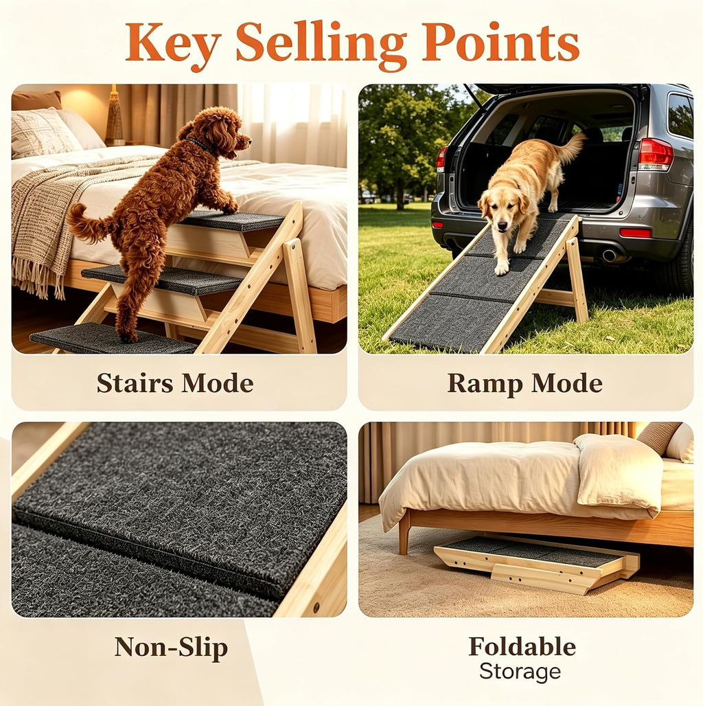 Dog Ramp,2-in-1 Foldable Pet Stairs for High Beds, 3 Steps Dog Steps