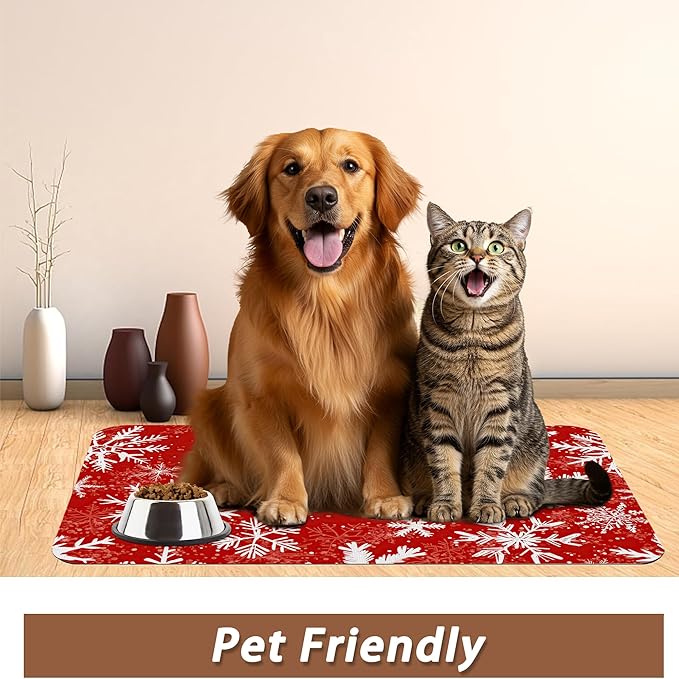 Christmas Dog Food Mat for Floors, Snowflake Absorbent Pet Food and Water Bowl - Image 6
