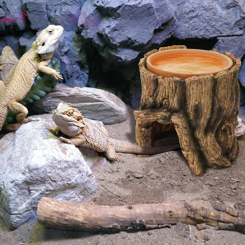 Cididu Reptile Hide Cave Resin, 2 in 1 Reptile Hideout Cave and Food Tray, Reptile Shelter with Detachable Food Bowl, Leopard Gecko Keeper Habitat Help Shedding for Amphibian, Snake, Lizard, Turtle